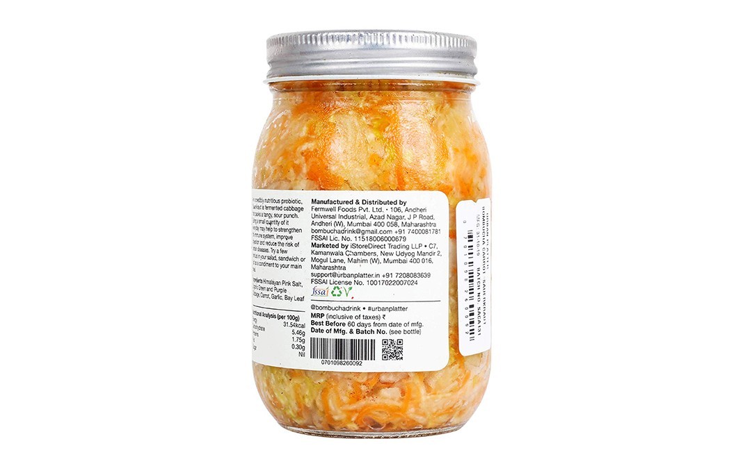 Urban Platter Sauerkraut by Bombucha Pickled Probiotic Cabbage with Carrot   Glass Jar  450 grams